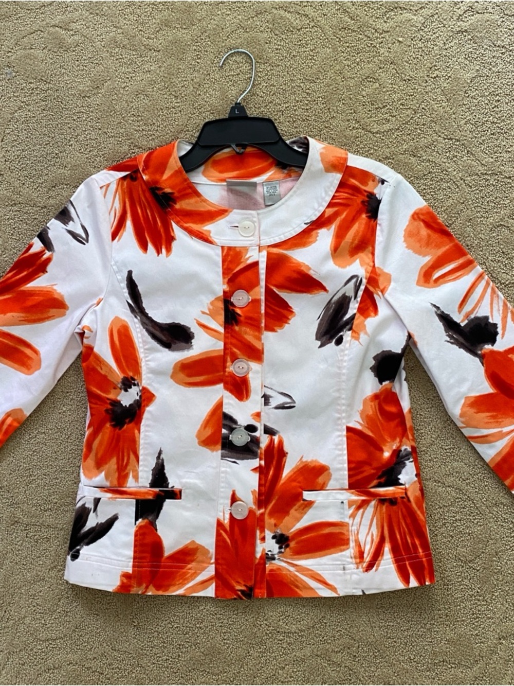 Chico’s Women’s Button Blazer Jacket Orange Flower 3/4 Sleeve Cotton Size US 4-6